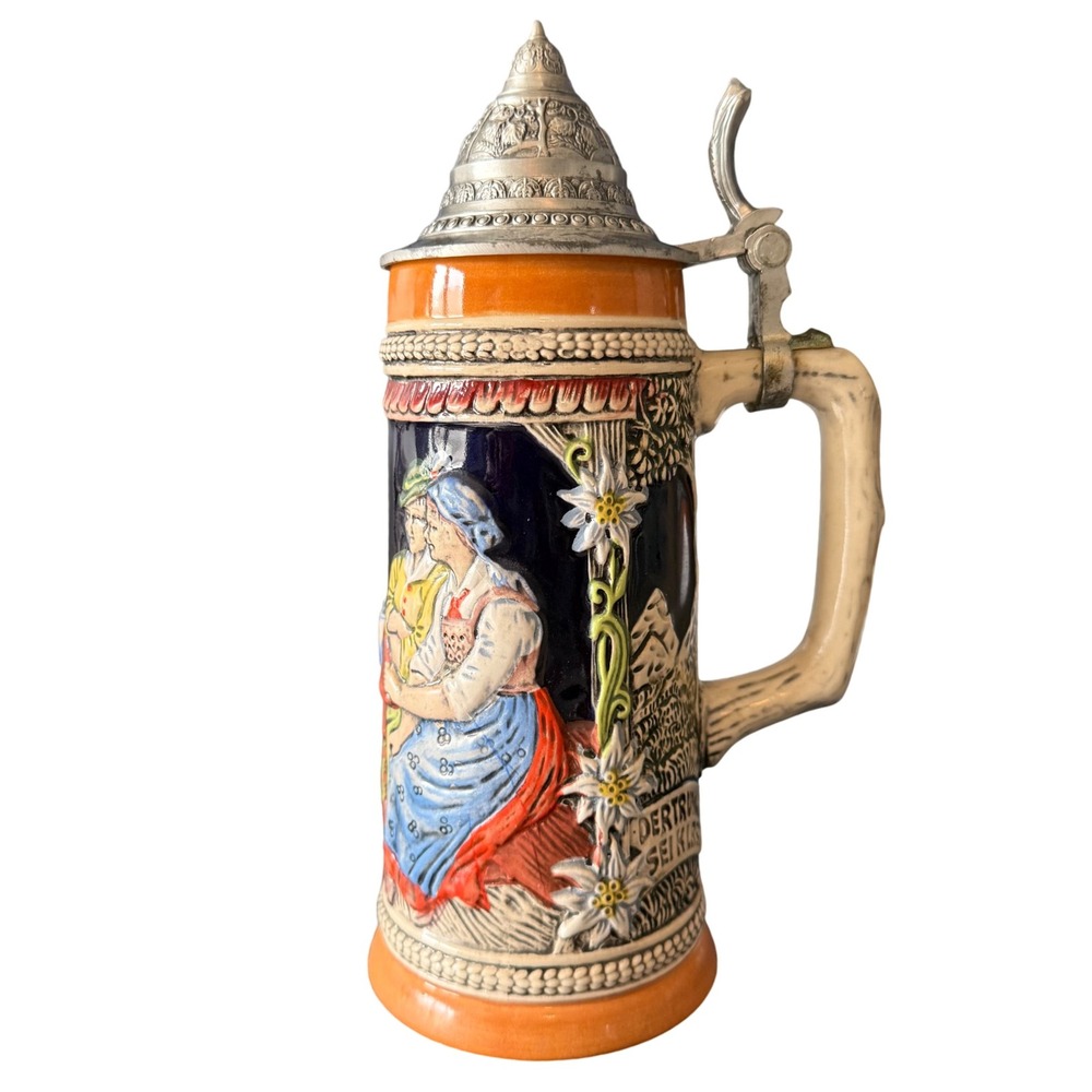 Gerz Germany Beer Stein‎ Edelweiss Floral Tavern Scene Pewter Lid Vintage
